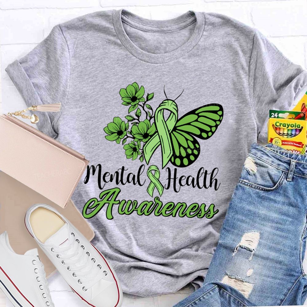 Mental Helat Awareness Green Butterfly Ribbon Teacher T-Shirt