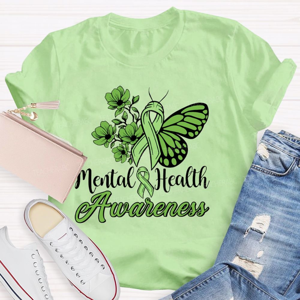 Mental Helat Awareness Green Butterfly Ribbon Teacher T-Shirt