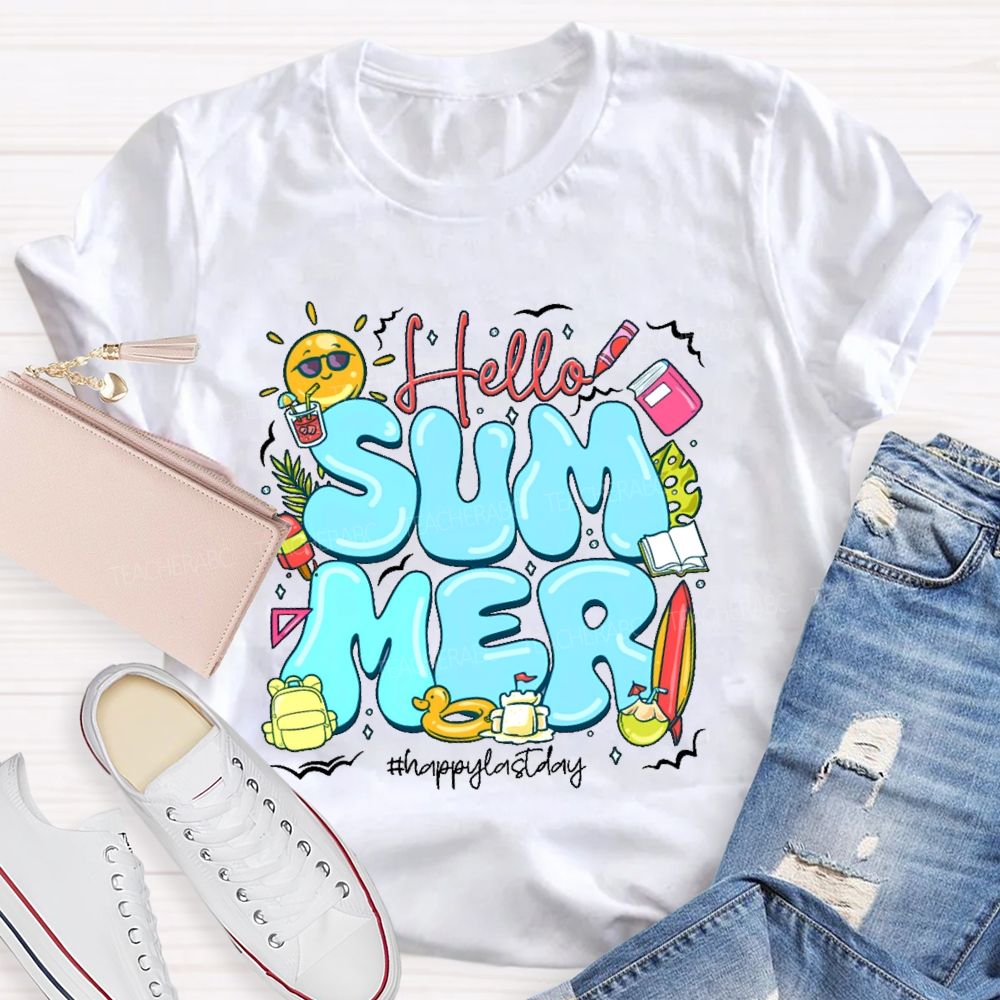 Hello Summer Happylastday Graphic Teacher T-shirt