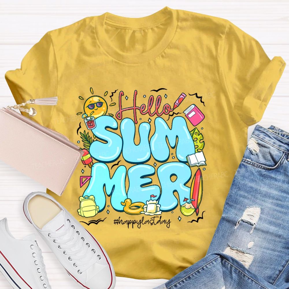 Hello Summer Happylastday Graphic Teacher T-shirt