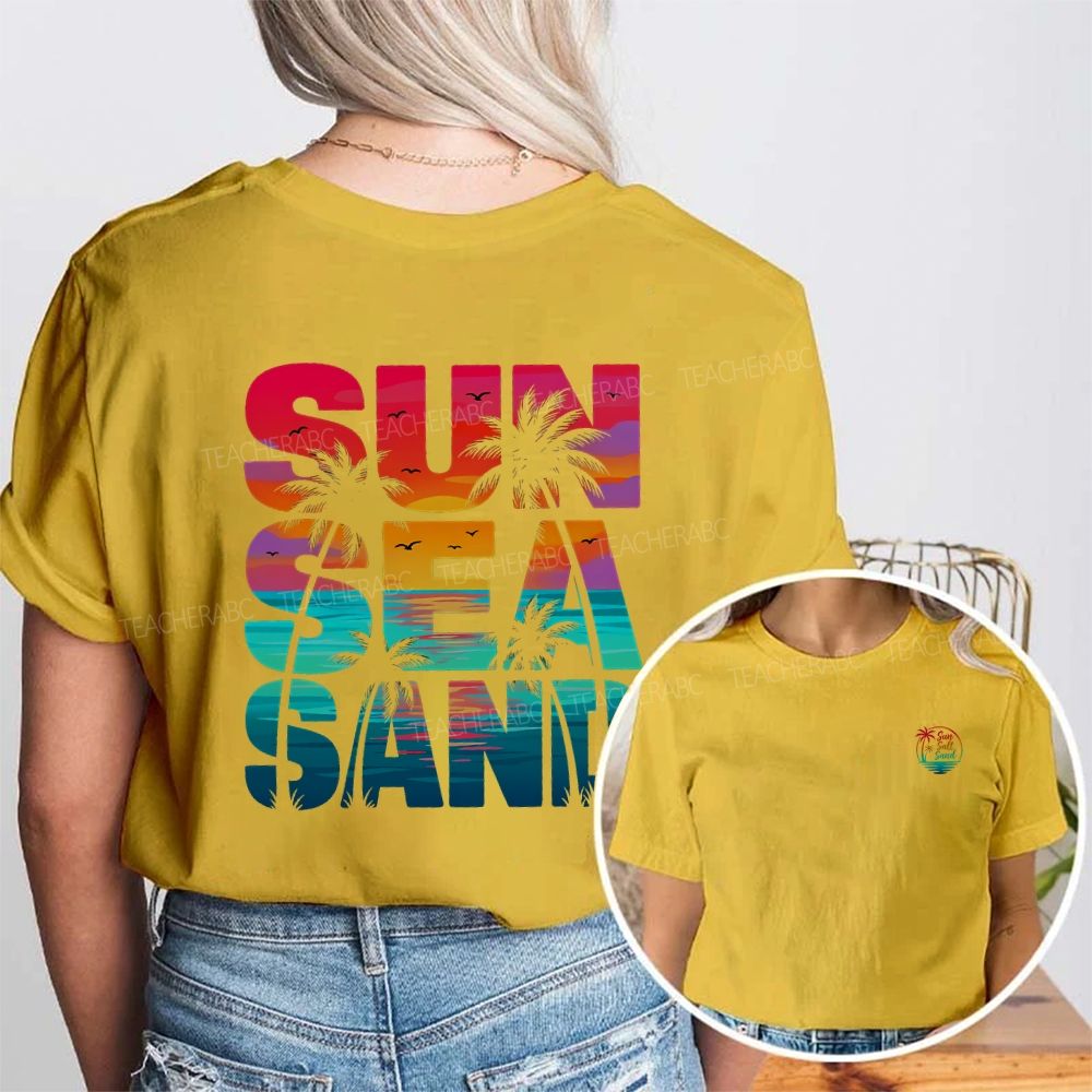 Sun Sea Sand Summer Break Teacher Double Printed T-shirt