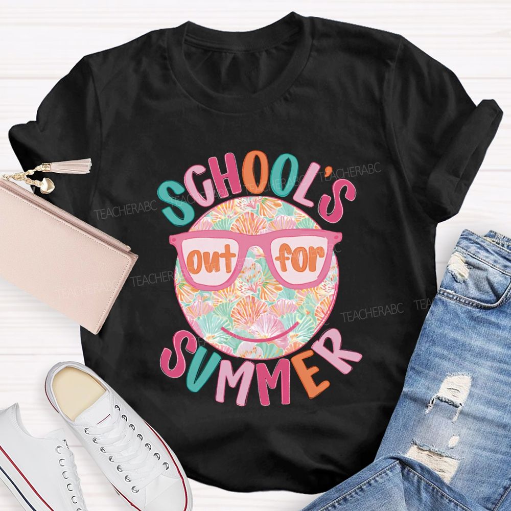 School's Out For Summer Floral Happy Face Teacher T-Shirt