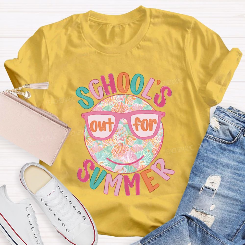 School's Out For Summer Floral Happy Face Teacher T-Shirt