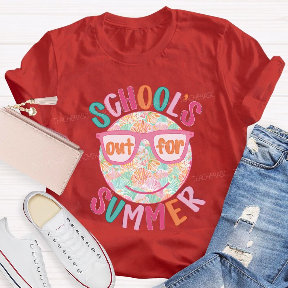 School's Out For Summer Floral Happy Face Teacher T-Shirt