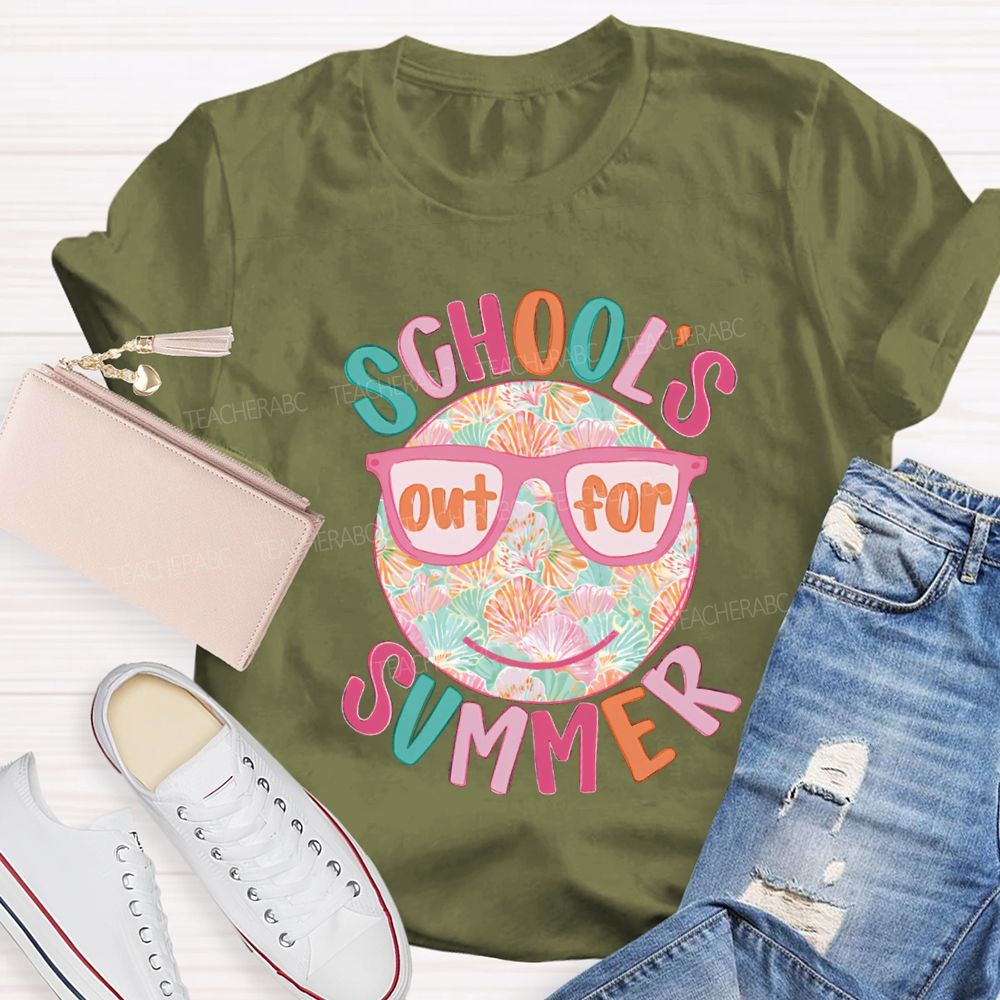 School's Out For Summer Floral Happy Face Teacher T-Shirt