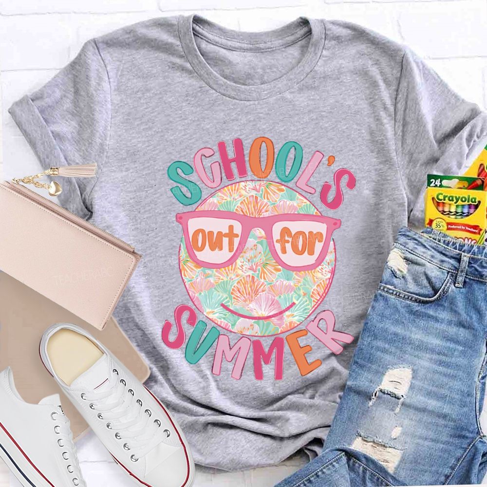 School's Out For Summer Floral Happy Face Teacher T-Shirt