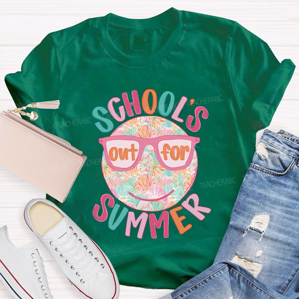 School's Out For Summer Floral Happy Face Teacher T-Shirt