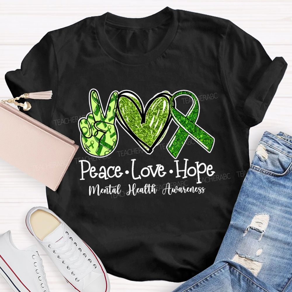 Peace Love Hope Green hands Heart Teacher T-shirt