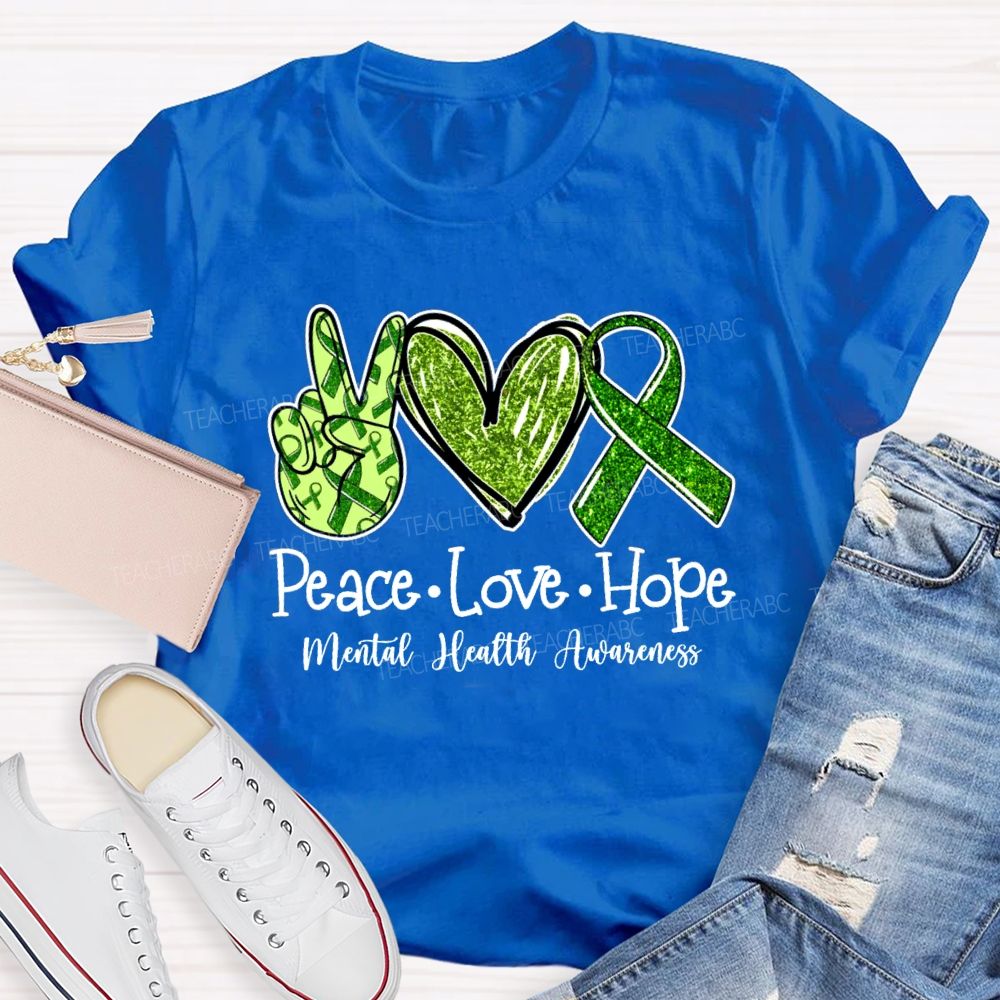 Peace Love Hope Green hands Heart Teacher T-shirt