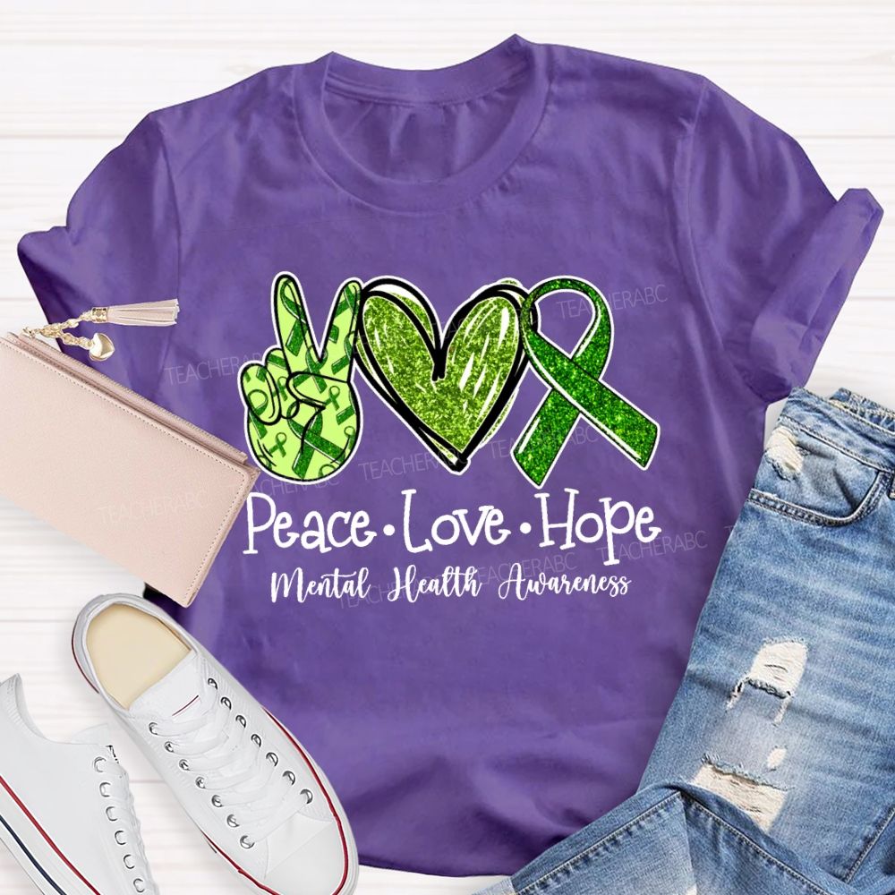 Peace Love Hope Green hands Heart Teacher T-shirt
