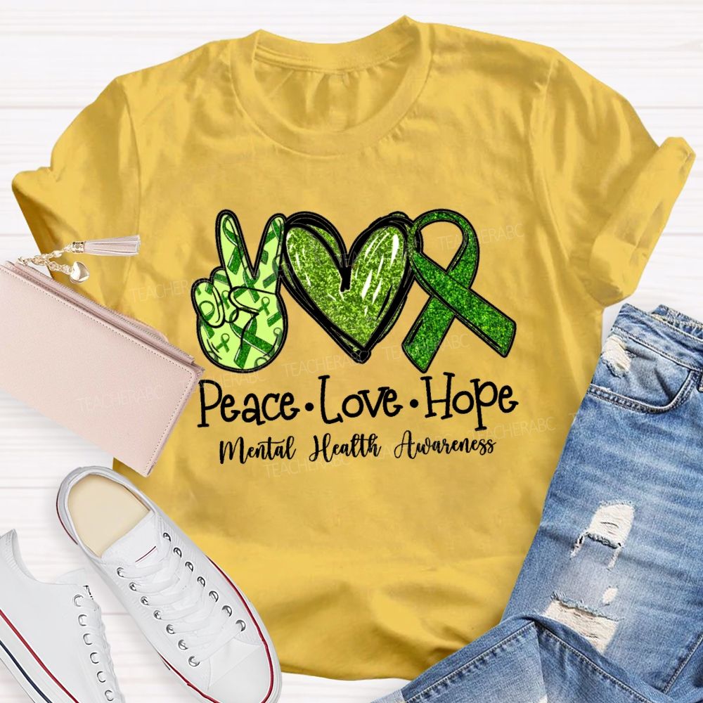 Peace Love Hope Green hands Heart Teacher T-shirt