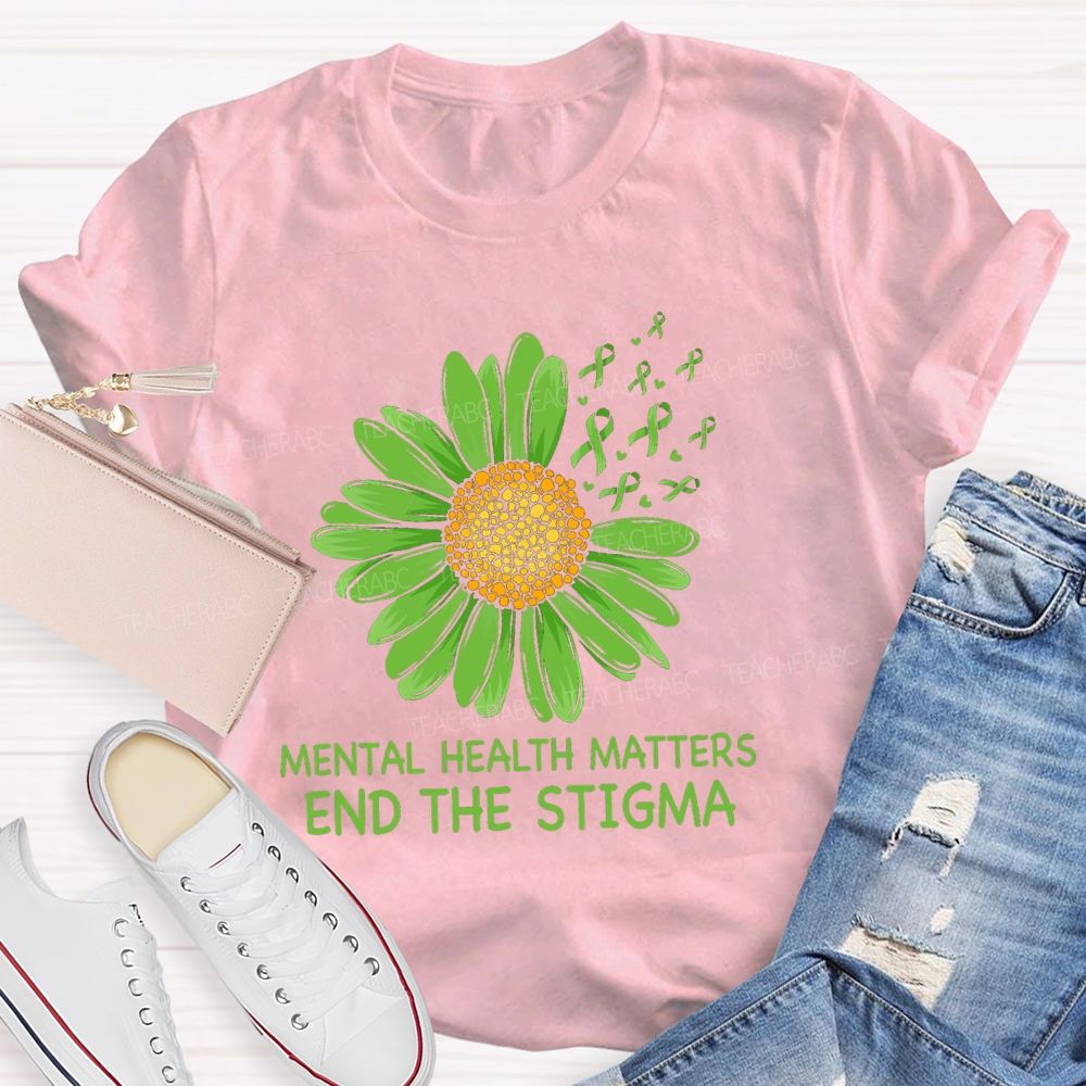 Mental Health Matters End The Stigma Green Sunflower Ribbon Teacher T-shirt