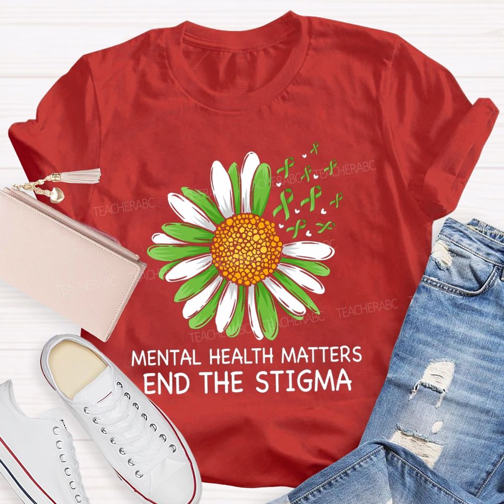 Mental Health Matters End The Stigma Green Sunflower Ribbon Teacher T-shirt