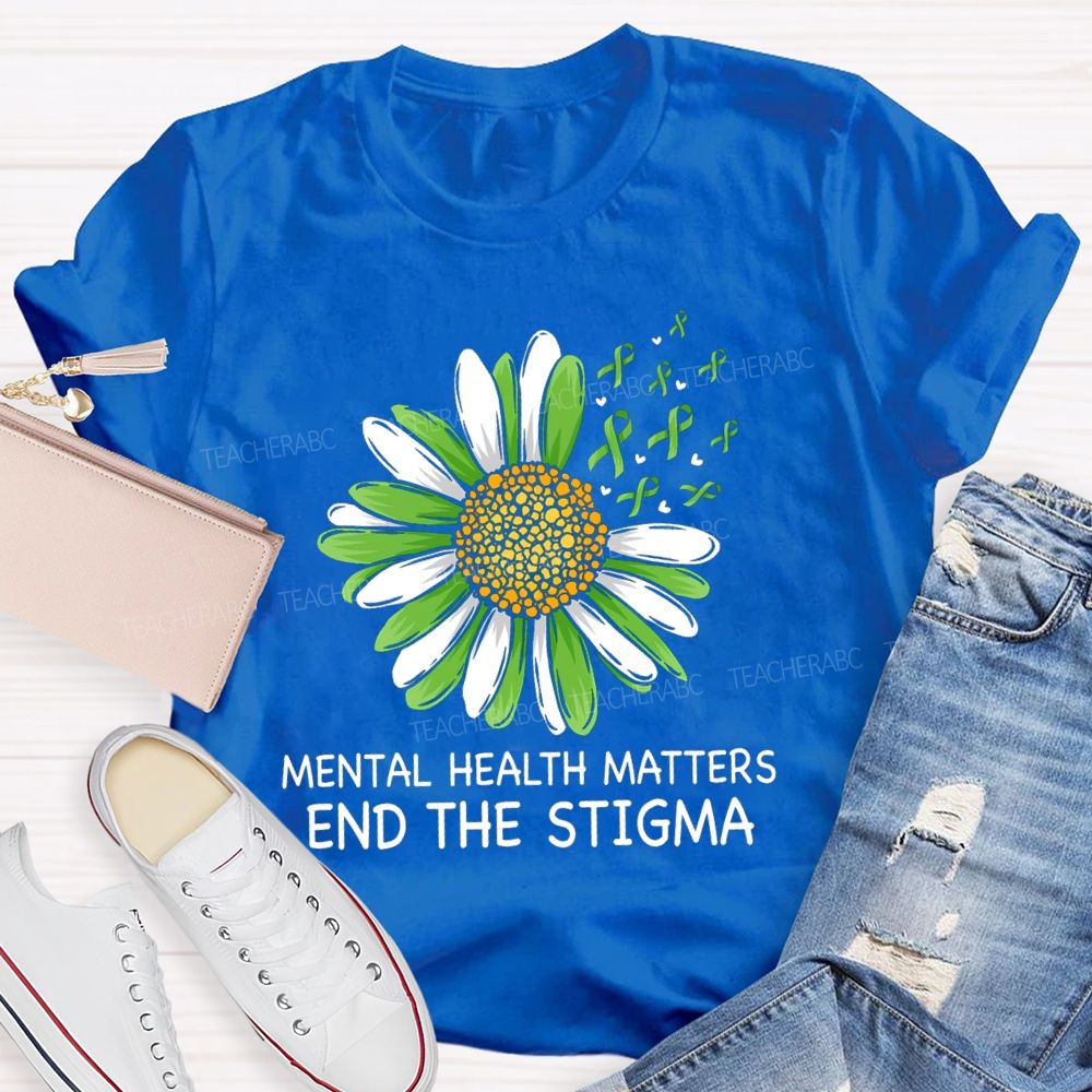 Mental Health Matters End The Stigma Green Sunflower Ribbon Teacher T-shirt