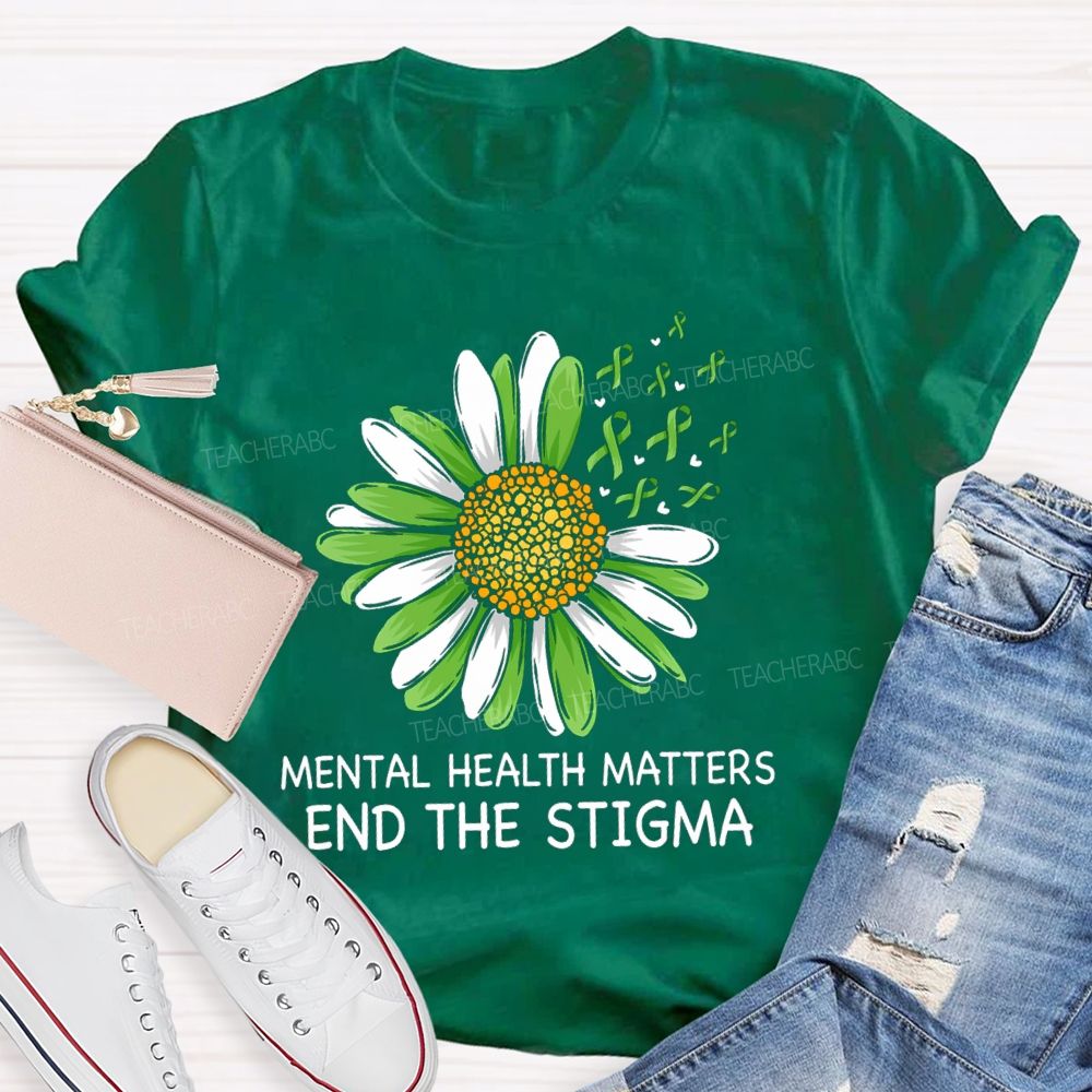 Mental Health Matters End The Stigma Green Sunflower Ribbon Teacher T-shirt