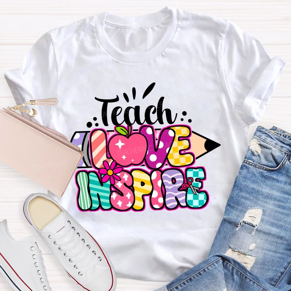 Teach Love Inspire Pencil Strip Plaid Teacher T-shirt