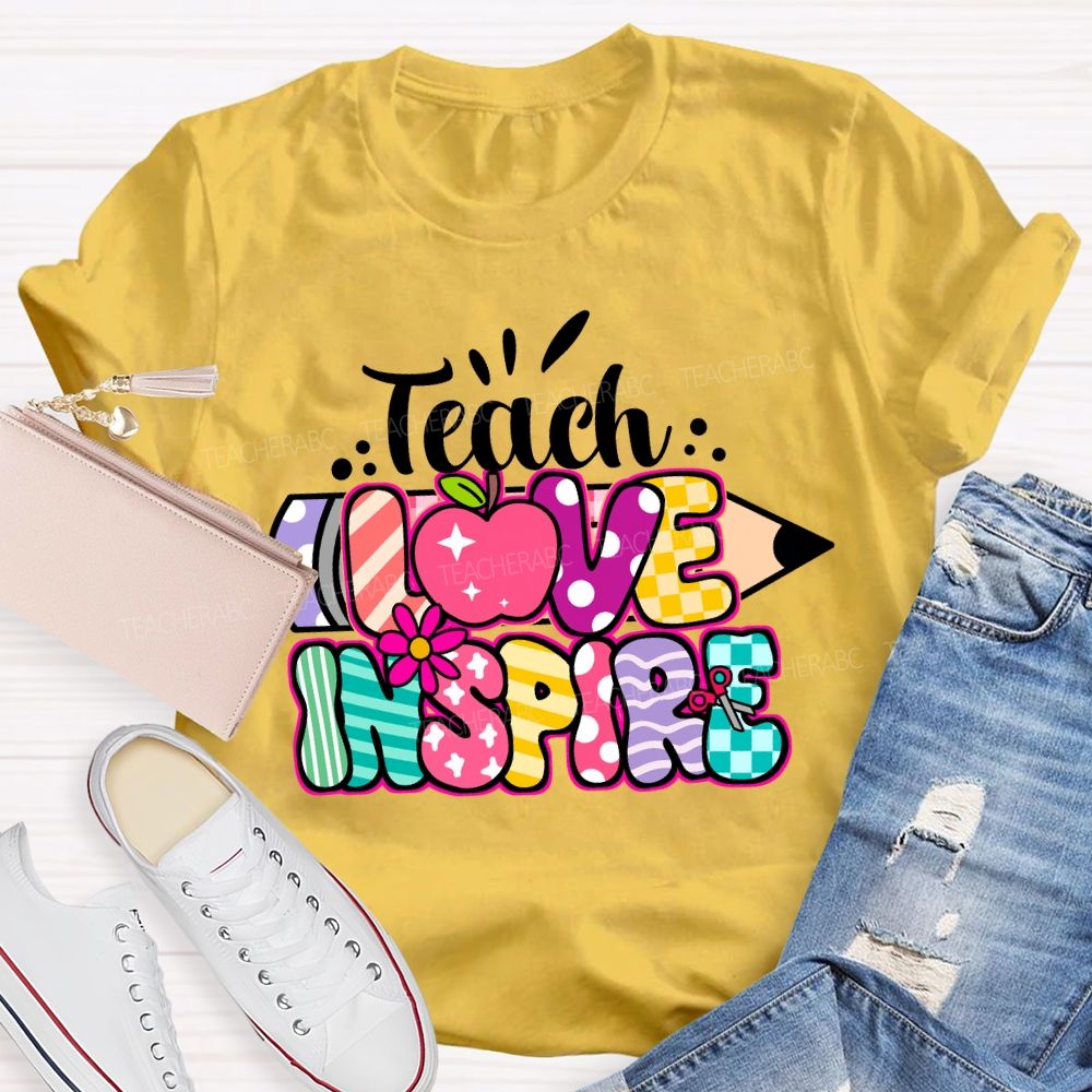 Teach Love Inspire Pencil Strip Plaid Teacher T-shirt