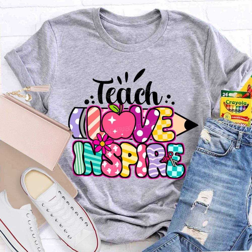 Teach Love Inspire Pencil Strip Plaid Teacher T-shirt