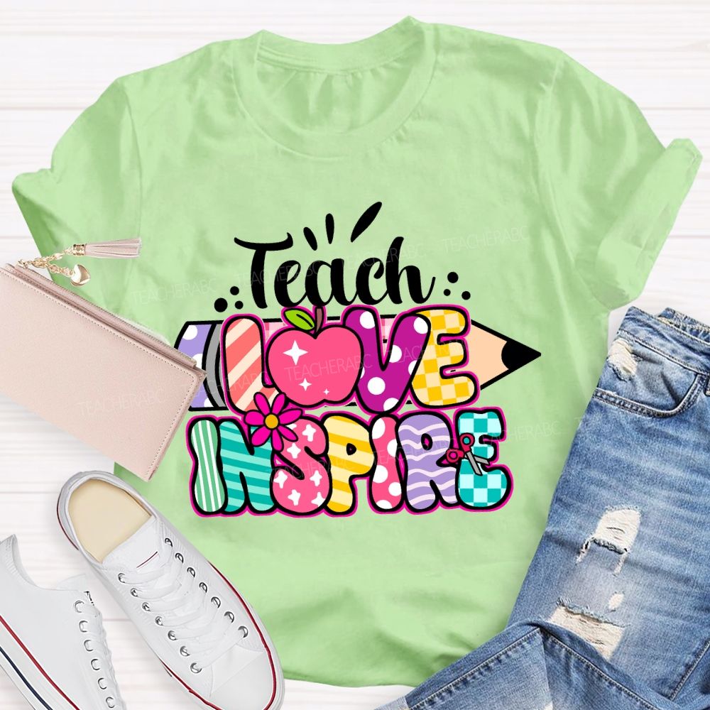 Teach Love Inspire Pencil Strip Plaid Teacher T-shirt