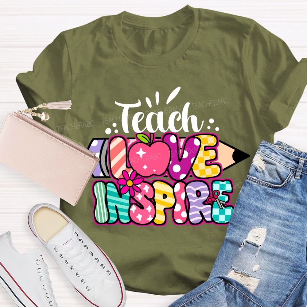 Teach Love Inspire Pencil Strip Plaid Teacher T-shirt
