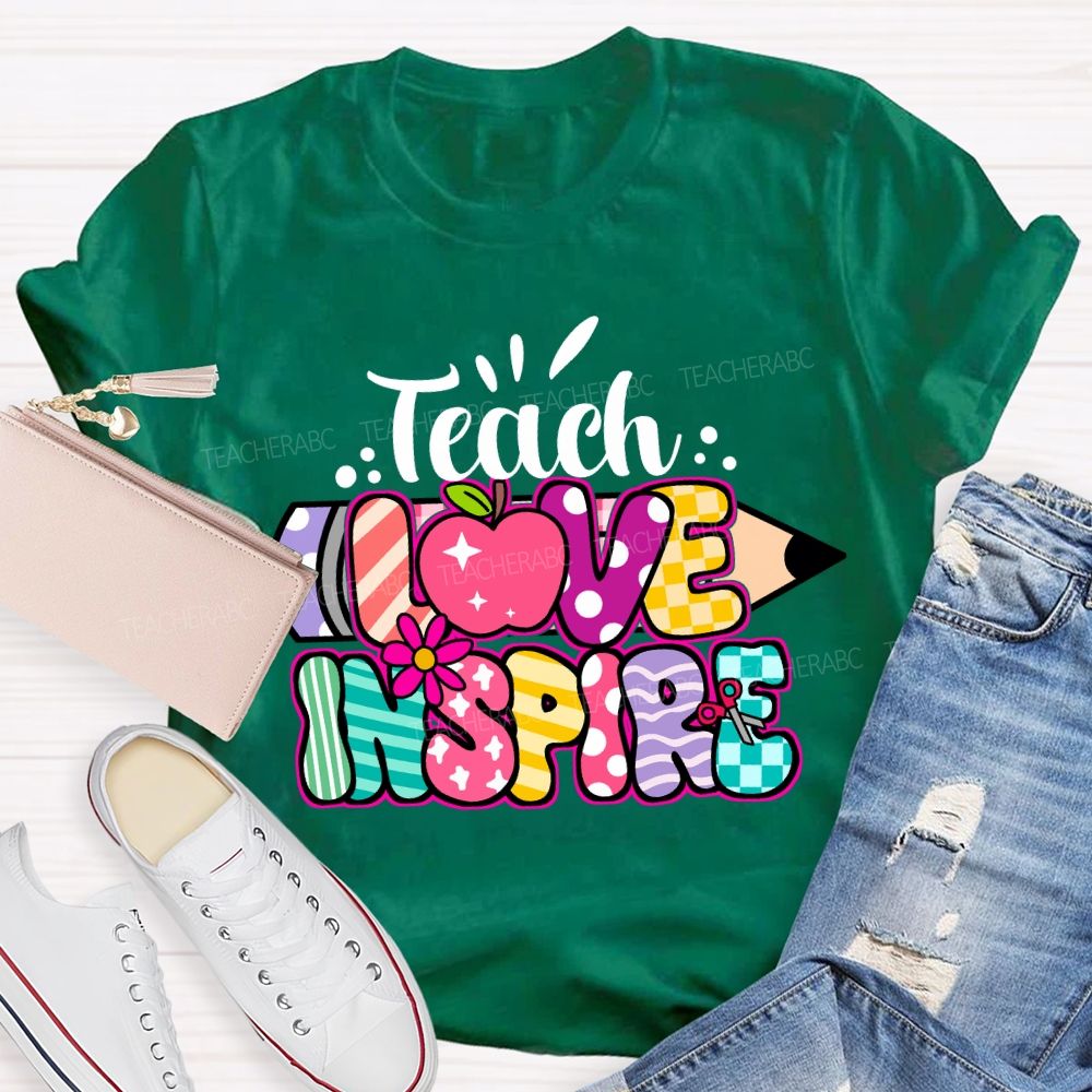 Teach Love Inspire Pencil Strip Plaid Teacher T-shirt