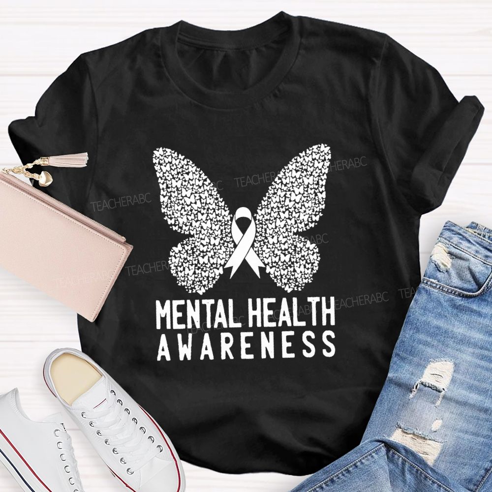 Mental Health Awareness Butterfly Ribbon Teacher T-Shirt