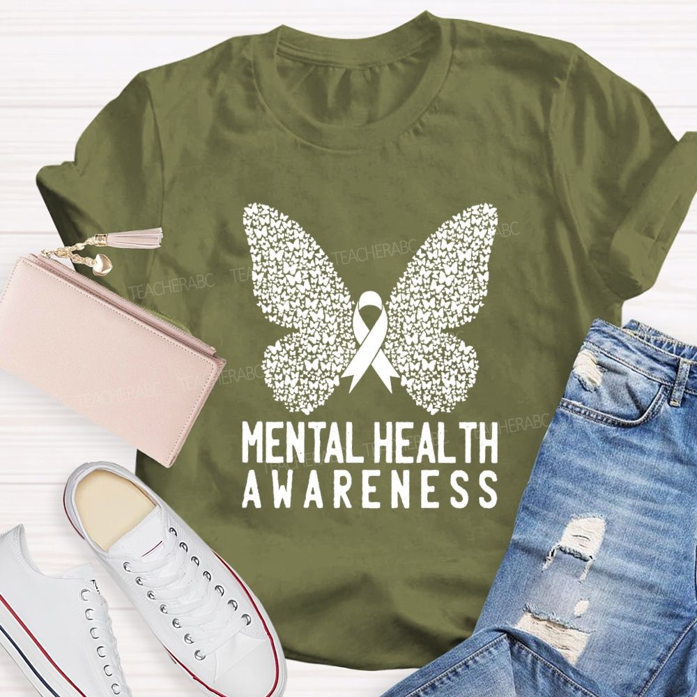 Mental Health Awareness Butterfly Ribbon Teacher T-Shirt
