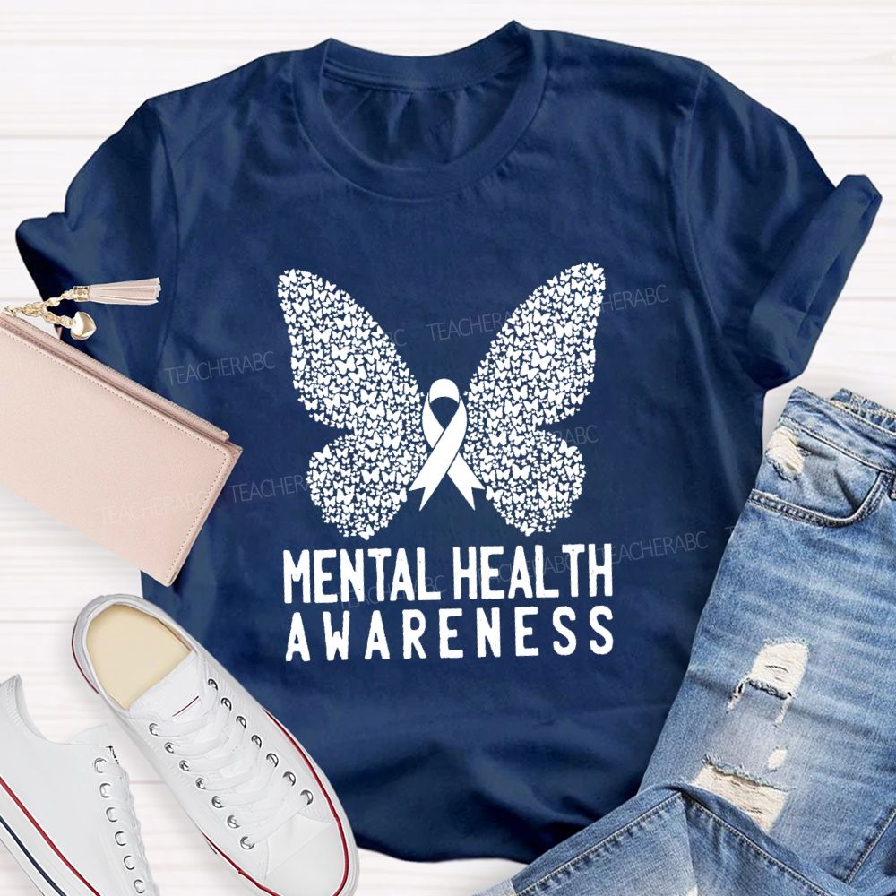 Mental Health Awareness Butterfly Ribbon Teacher T-Shirt