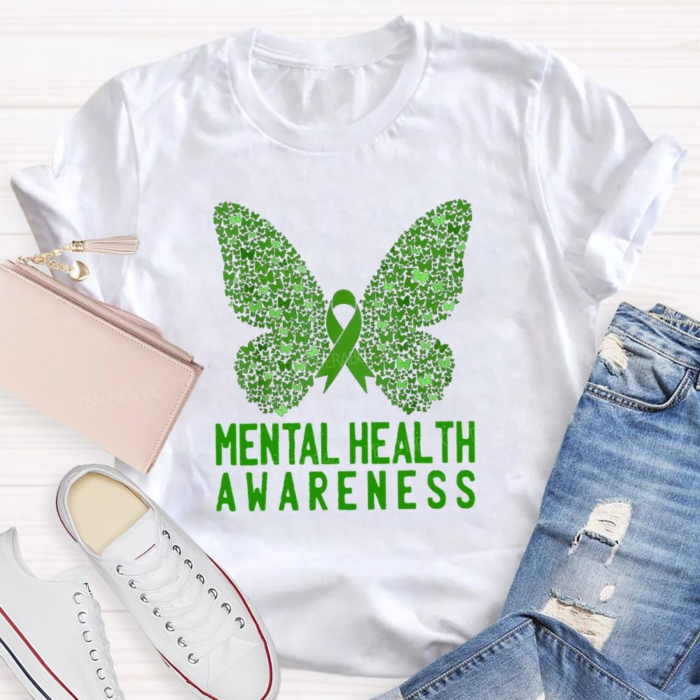 Mental Health Awareness Butterfly Ribbon Teacher T-Shirt