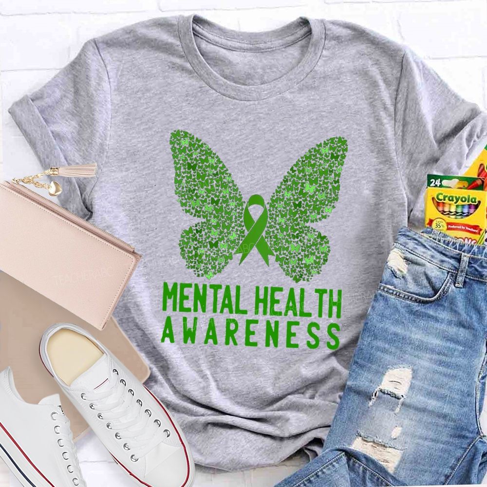 Mental Health Awareness Butterfly Ribbon Teacher T-Shirt