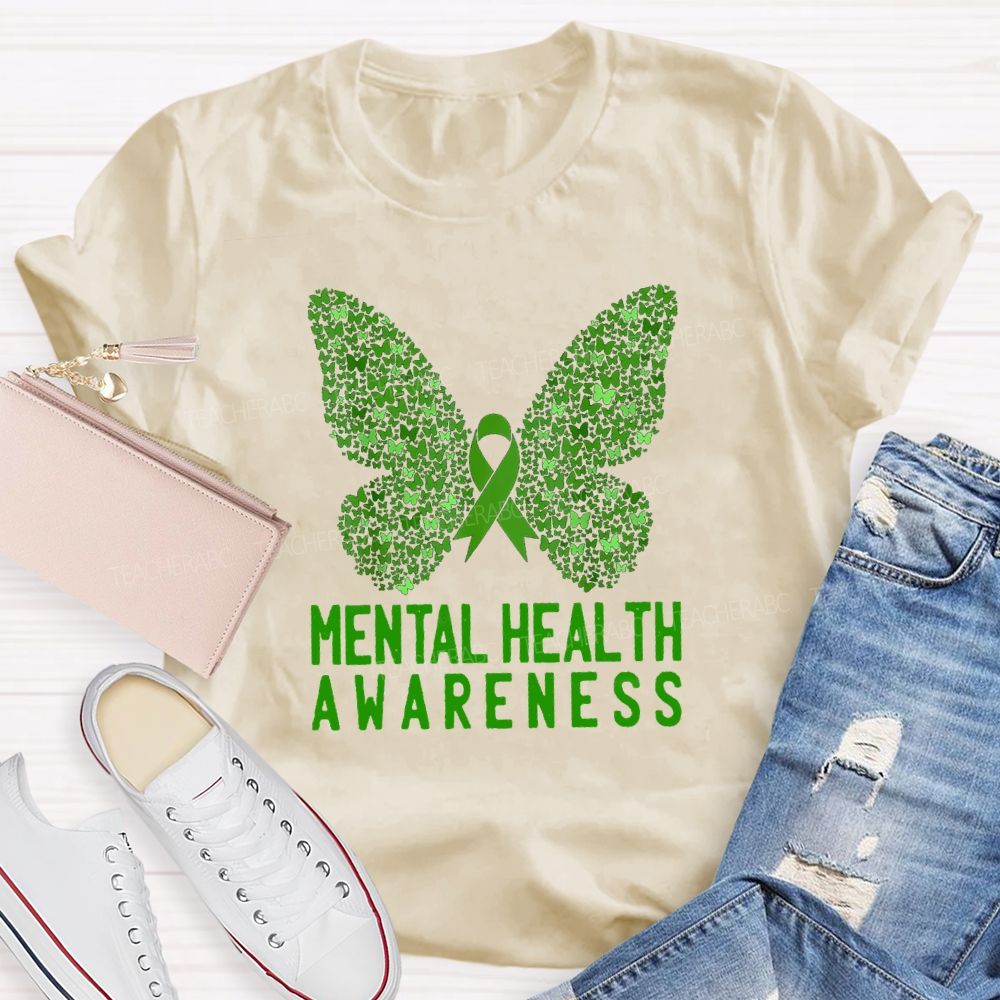 Mental Health Awareness Butterfly Ribbon Teacher T-Shirt