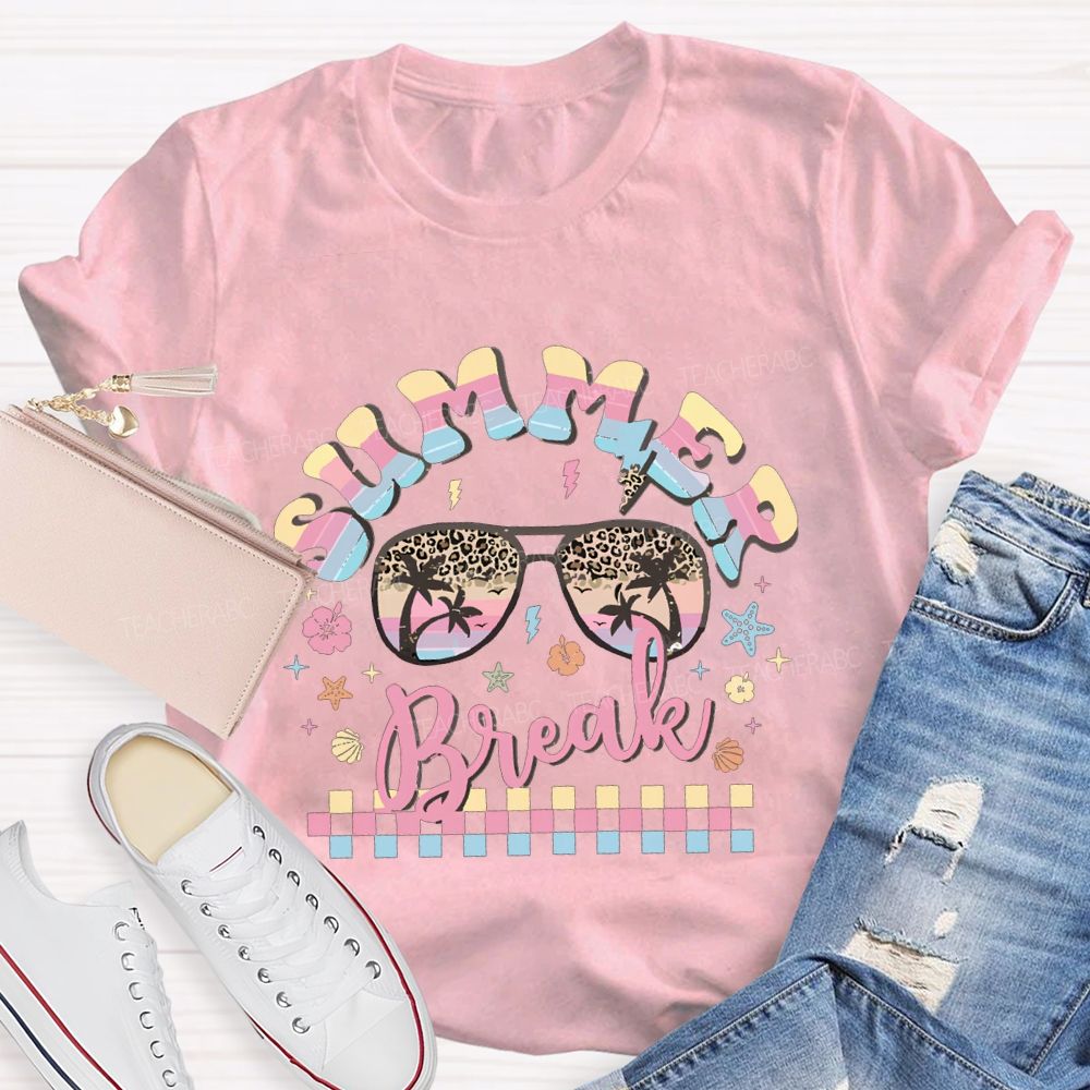 Summer Break Color Gradient Fonts And Flowers Teacher T-shirt