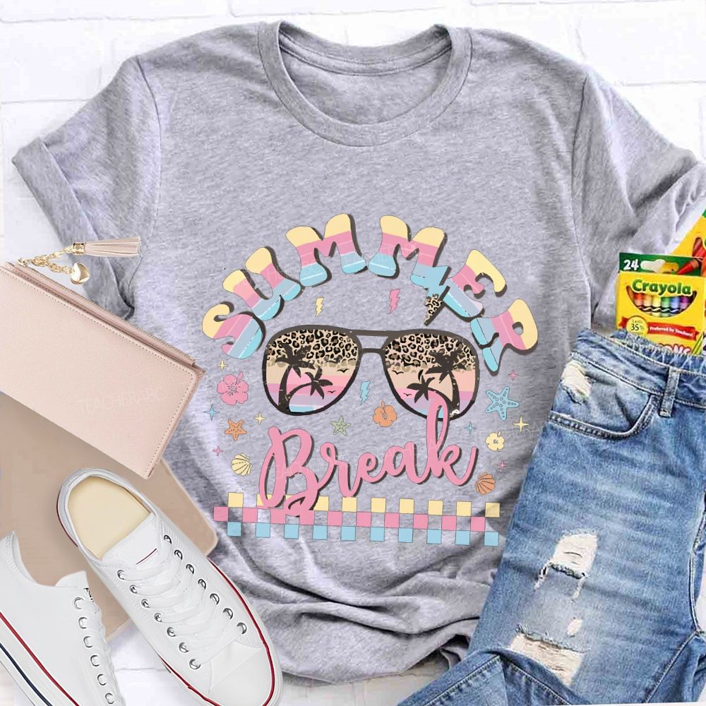 Summer Break Color Gradient Fonts And Flowers Teacher T-shirt