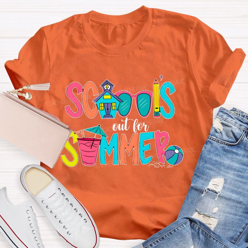 School's Out For Summer Colorful Letters Shapes Teacher T-shirt