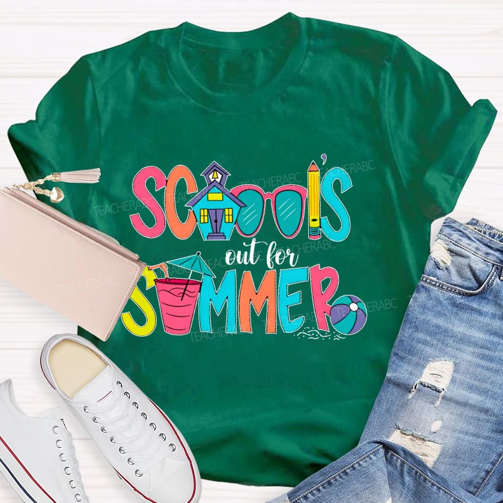 School's Out For Summer Colorful Letters Shapes Teacher T-shirt