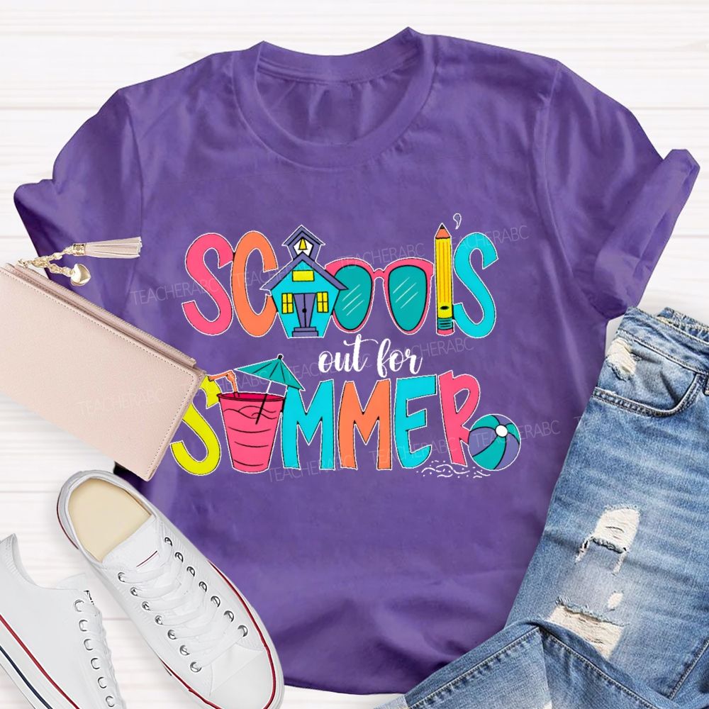 School's Out For Summer Colorful Letters Shapes Teacher T-shirt