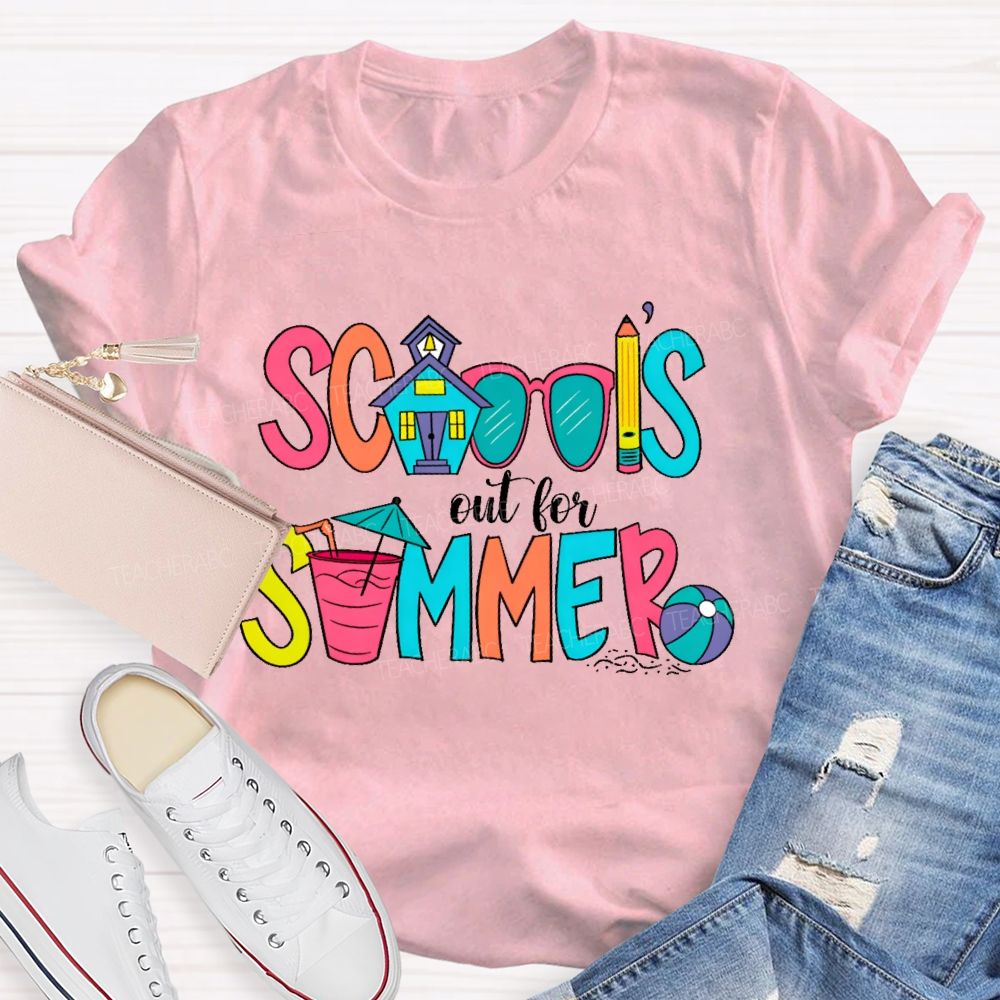 School's Out For Summer Colorful Letters Shapes Teacher T-shirt