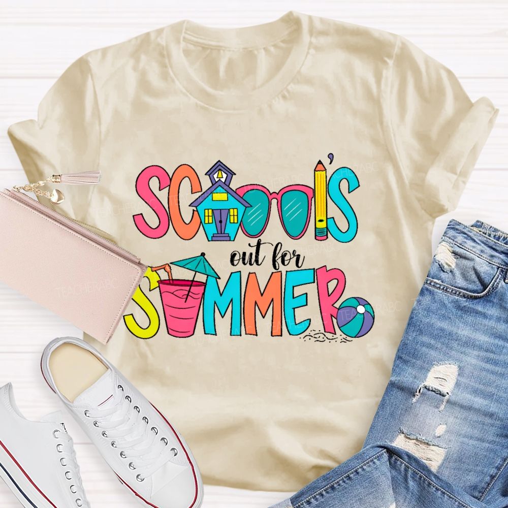 School's Out For Summer Colorful Letters Shapes Teacher T-shirt