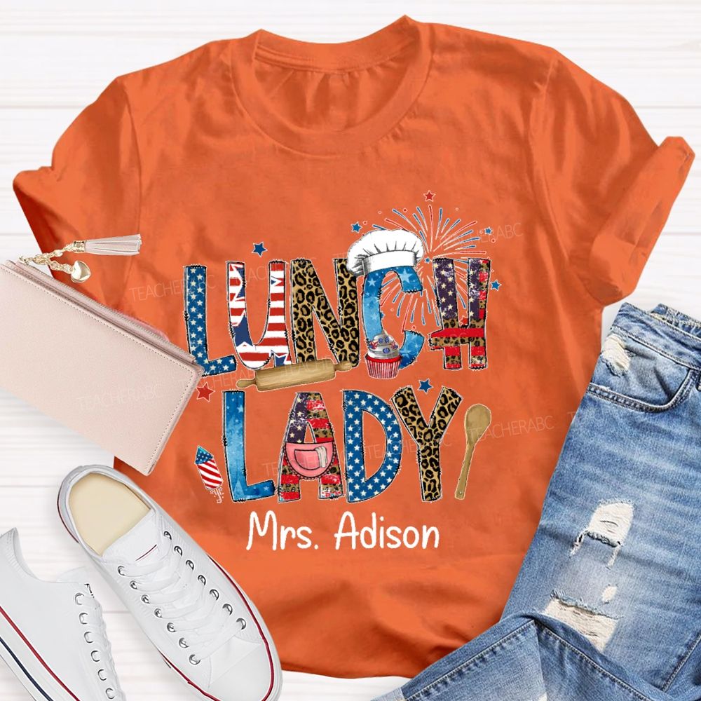 Personalized Name Lunch Lady Flag Teacher T-shirt