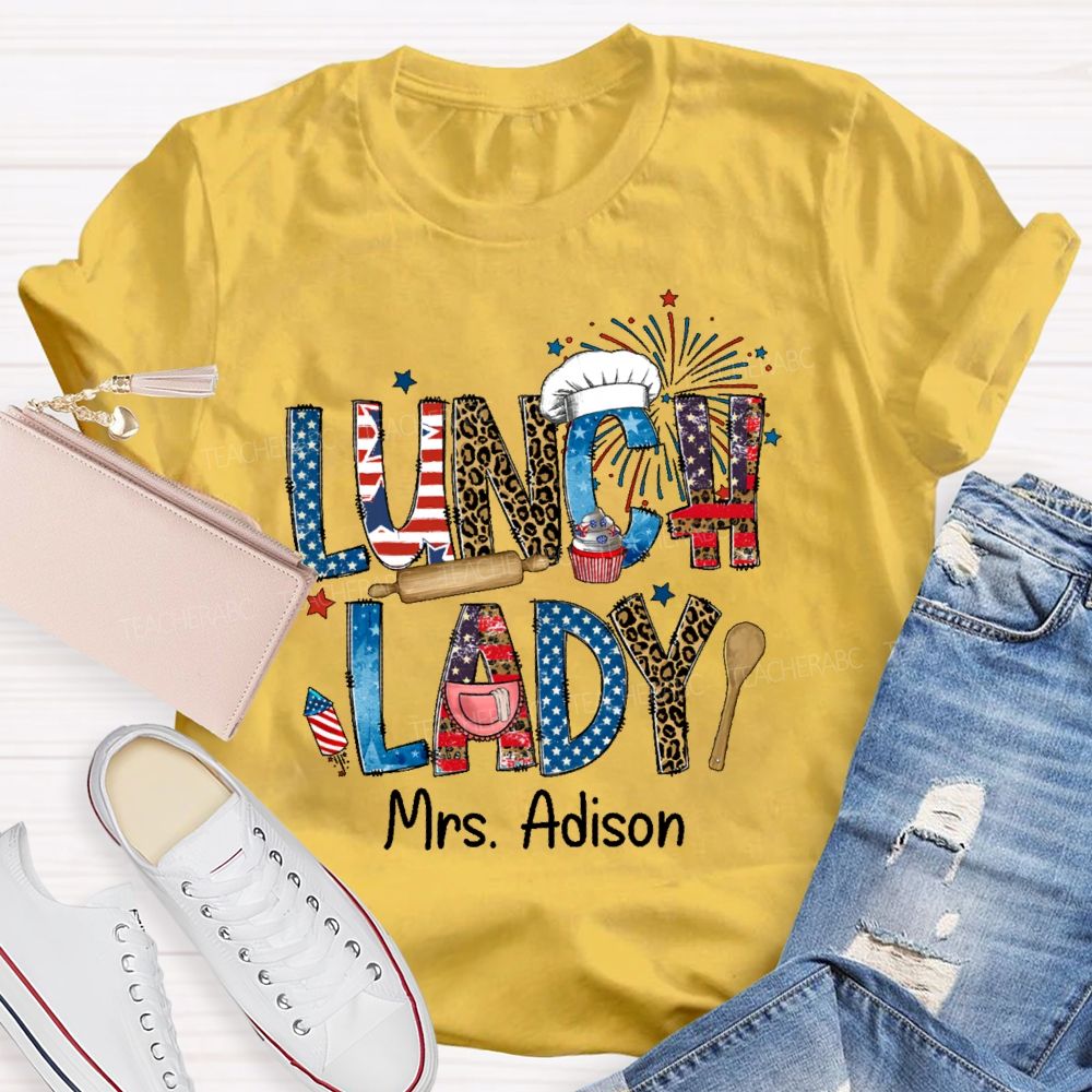 Personalized Name Lunch Lady Flag Teacher T-shirt