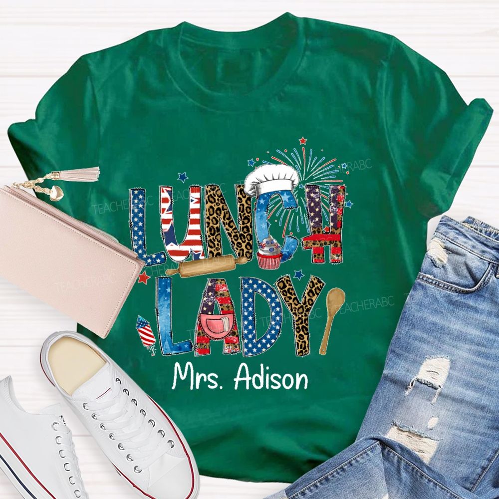 Personalized Name Lunch Lady Flag Teacher T-shirt