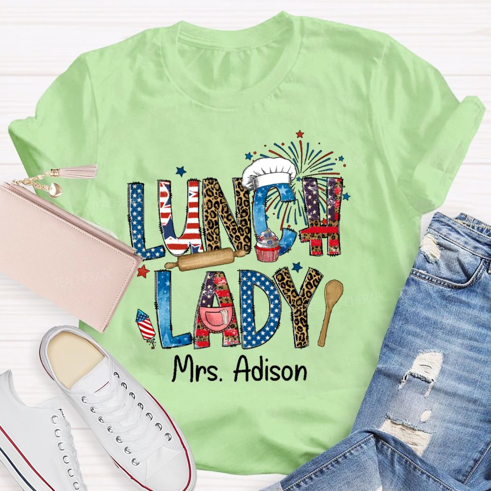 Personalized Name Lunch Lady Flag Teacher T-shirt
