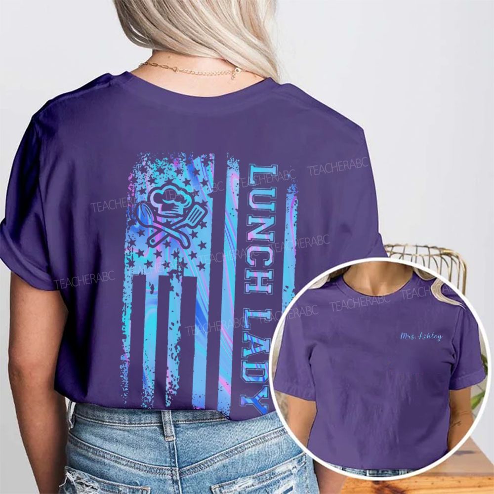 Personalized Name Lunch Lady Flag Double Printed T-shirt