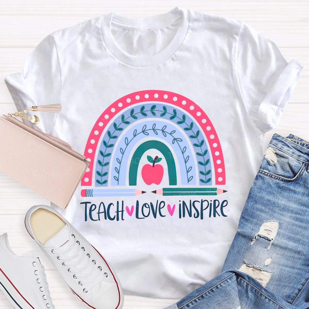 Teach Love Inspire Pink Rainbow Apple Teacher T-shirt
