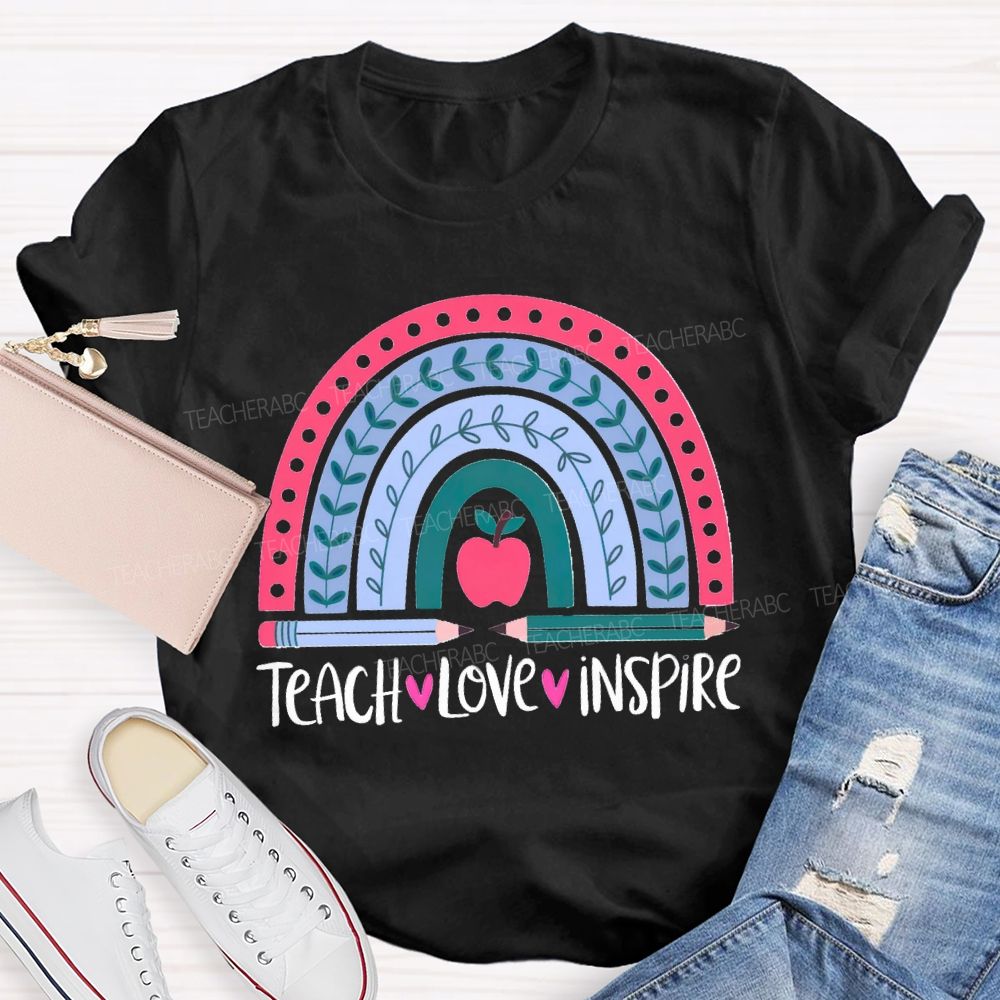 Teach Love Inspire Pink Rainbow Apple Teacher T-shirt