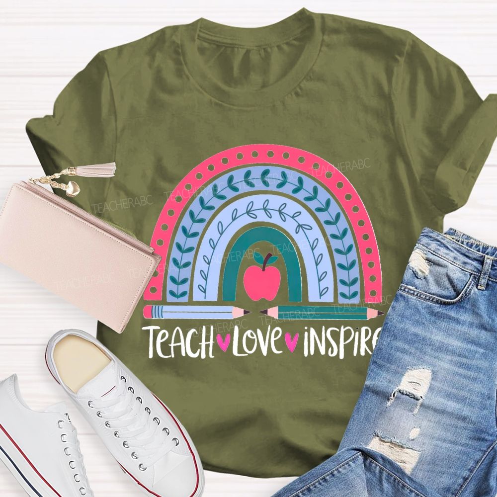 Teach Love Inspire Pink Rainbow Apple Teacher T-shirt