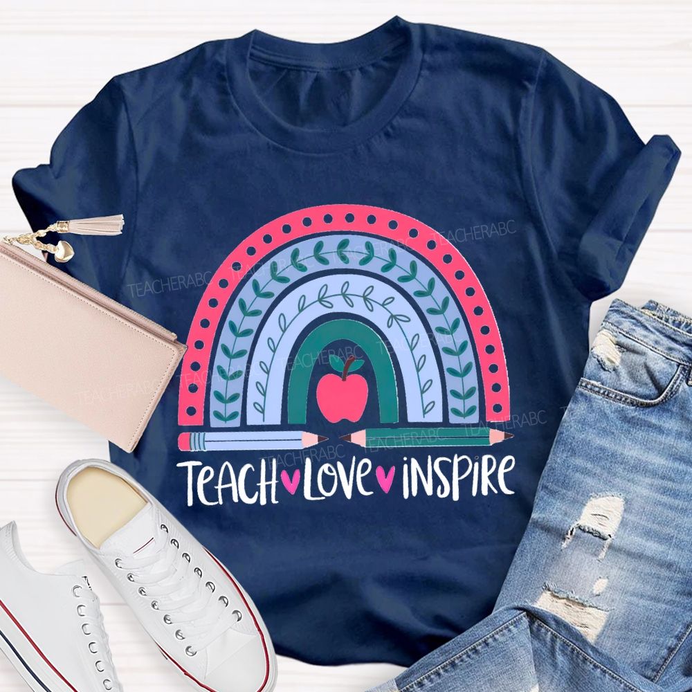 Teach Love Inspire Pink Rainbow Apple Teacher T-shirt