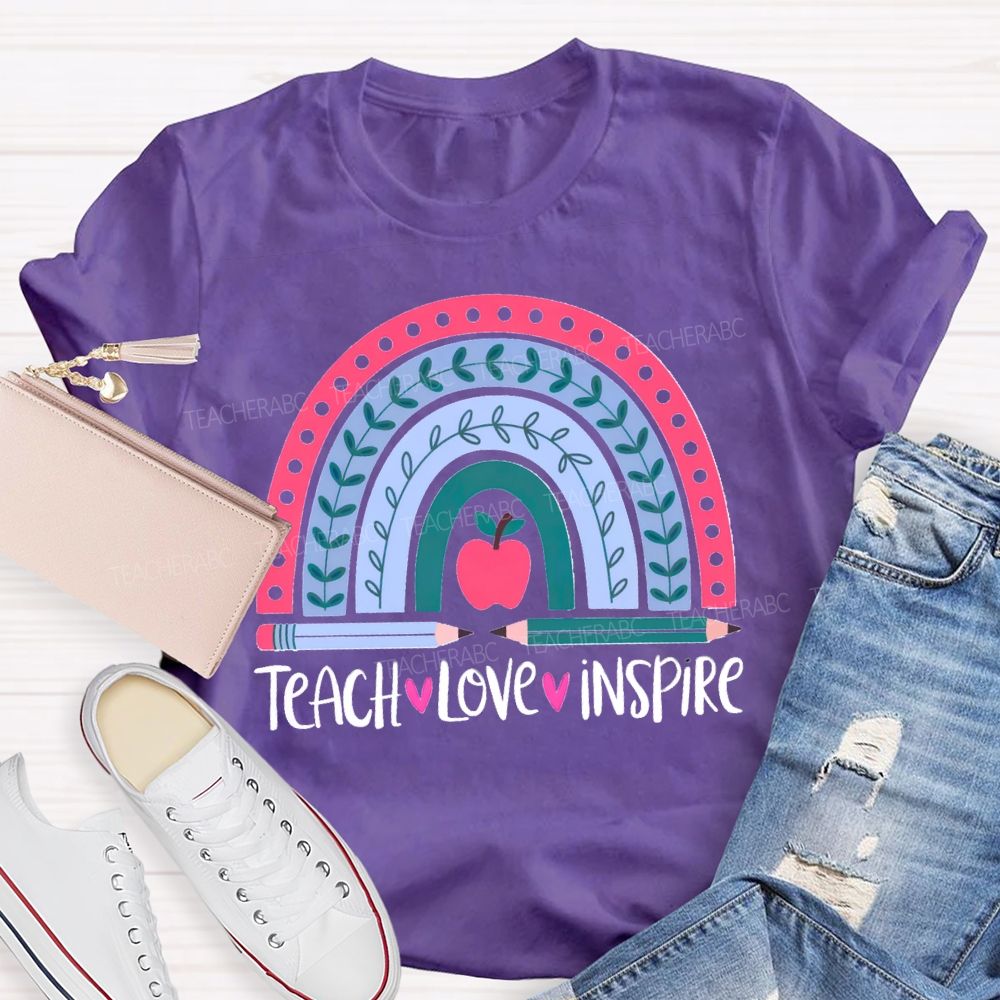 Teach Love Inspire Pink Rainbow Apple Teacher T-shirt