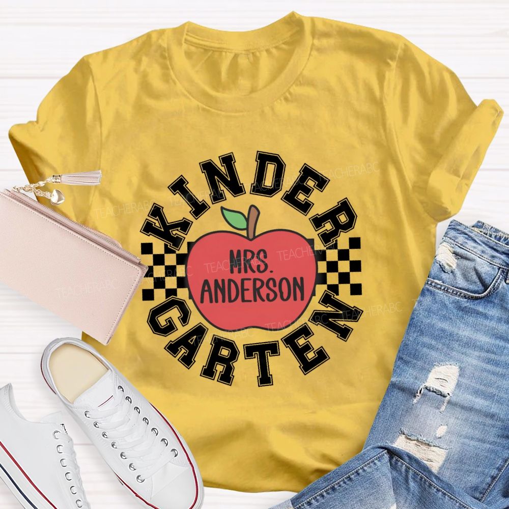 Personalized Grade And Name Red Apple Plaid Teacher T-shirt