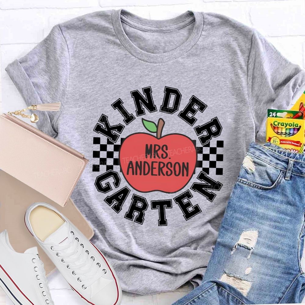 Personalized Grade And Name Red Apple Plaid Teacher T-shirt